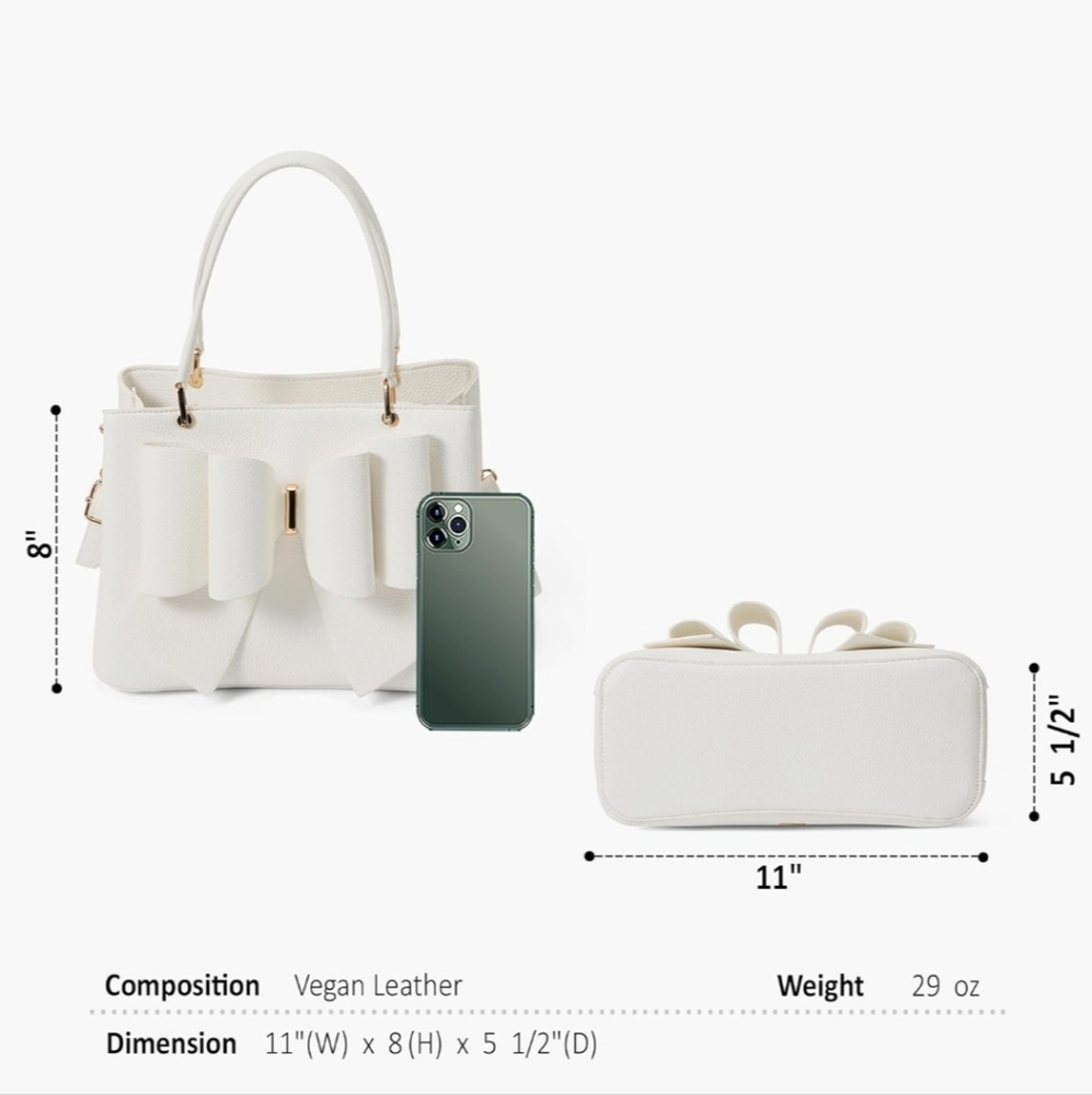 NEW!!! 3D Bow Vegan Leather 3-Way Wear White Satchel, Crossbody, & Shoulder Bag - Picture 10 of 16